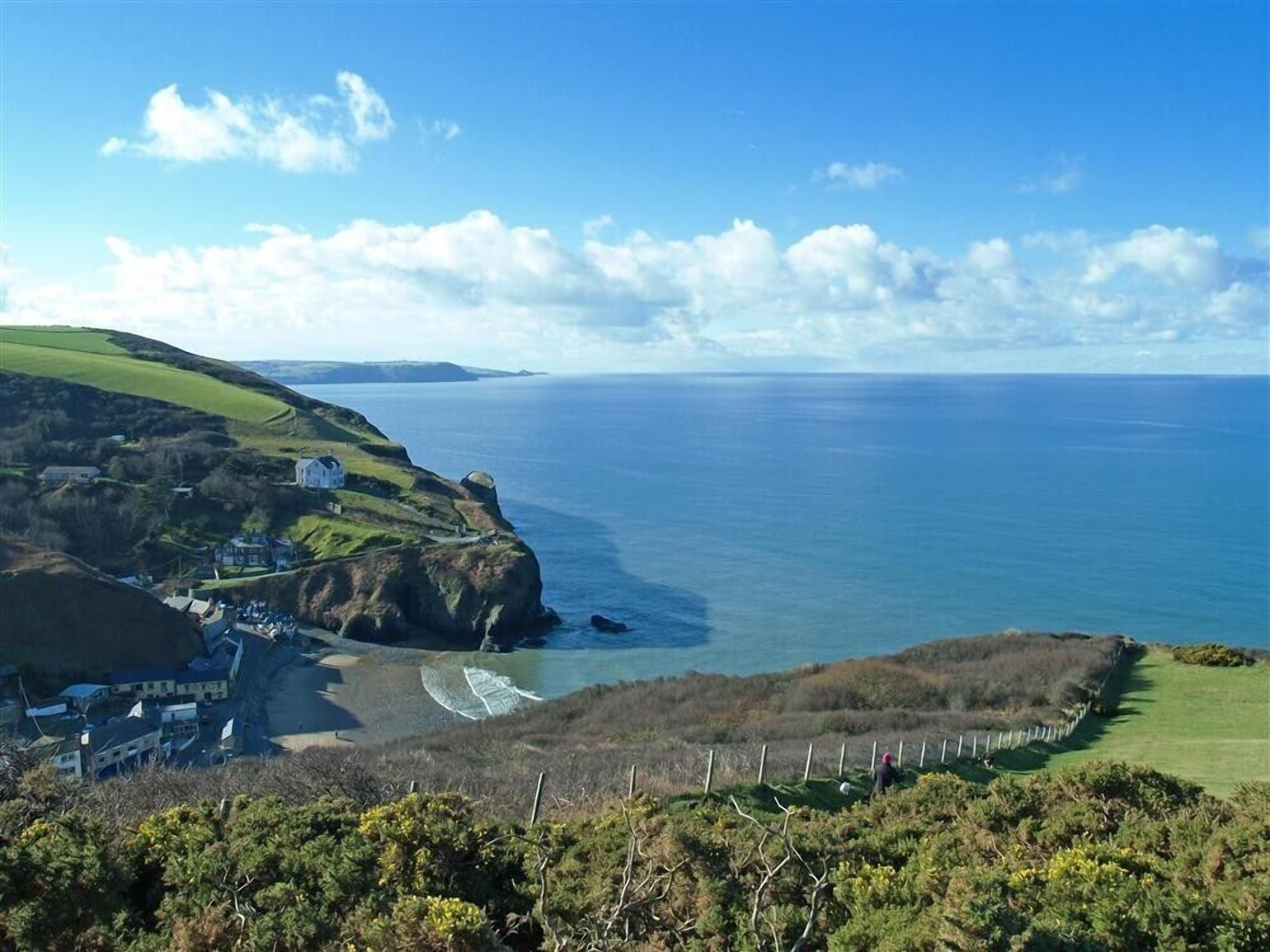 Un paisaje costero con un pequeño pueblo, casas y una vista despejada del mar.
