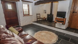 A cozy living room with a leather sofa, a television, a fireplace, and a wooden door. - Panteurig Cottage (Goodwick)