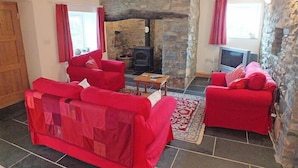 Ein gemütliches Wohnzimmer mit roten Sofas, einem Steinkamin und einem Fernseher.