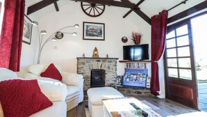 Ein gemütliches Wohnzimmer mit Kamin aus Stein, weißen Ledersofas, einem Fernseher und einem Bücherregal mit touristischen Informationen.
