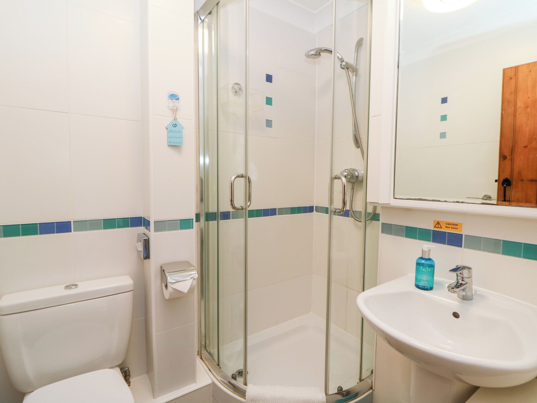 A bathroom with a glass-enclosed shower, a toilet, and a sink with a mirror above it.