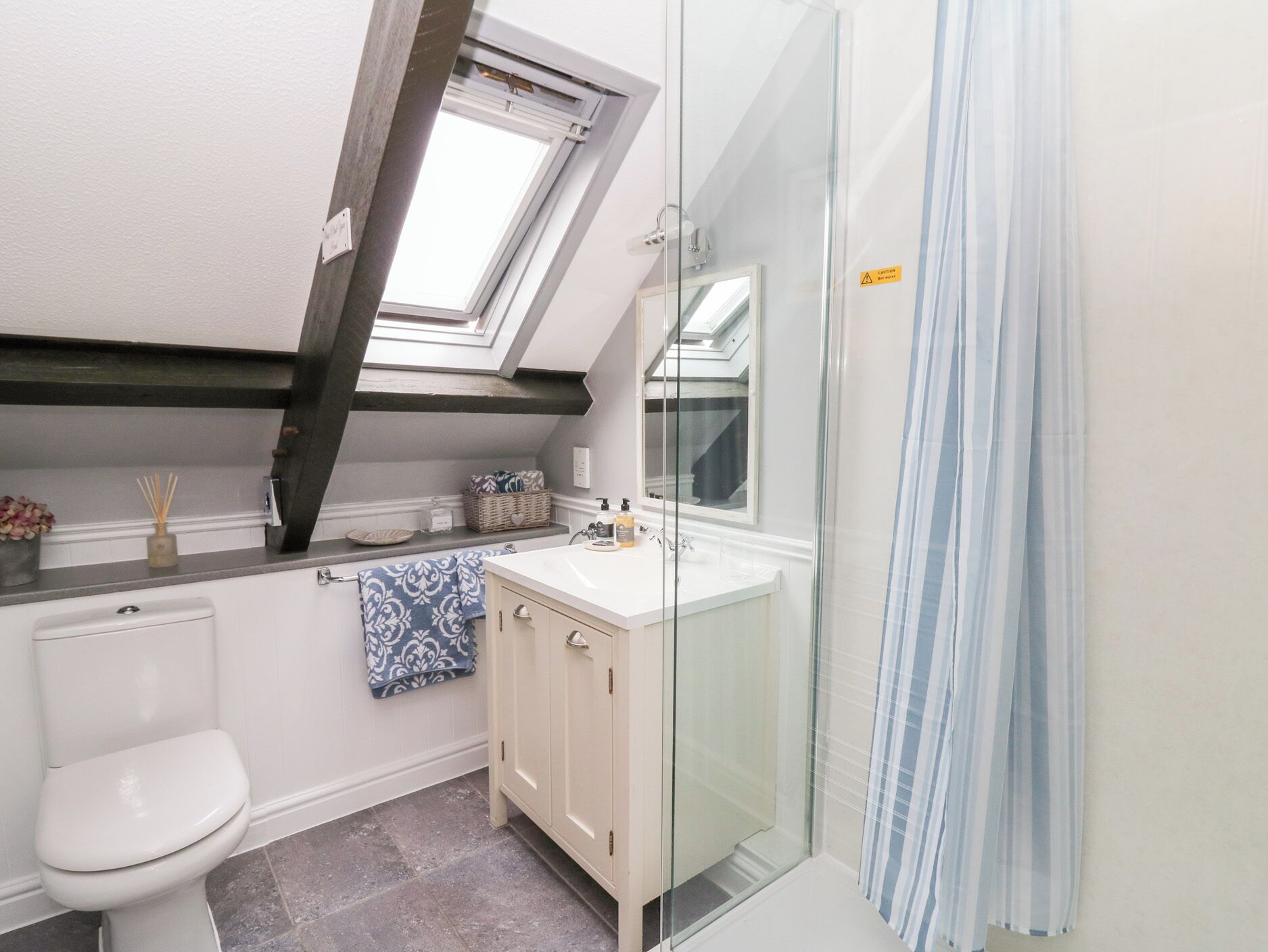 A small, modern bathroom with a skylight, a toilet, a vanity with a mirror, and a shower with a glass door.