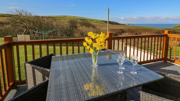 A glass-top table with a vase of yellow flowers and two wine glasses on a balcony with a wooden railing, overlooking a scenic landscape. - Beudy (Cardigan)
