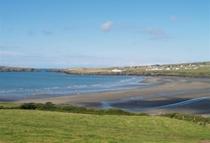 Un paisaje costero con una playa arenosa, campos cubiertos de hierba y una vista distante de casas a lo largo de la orilla.