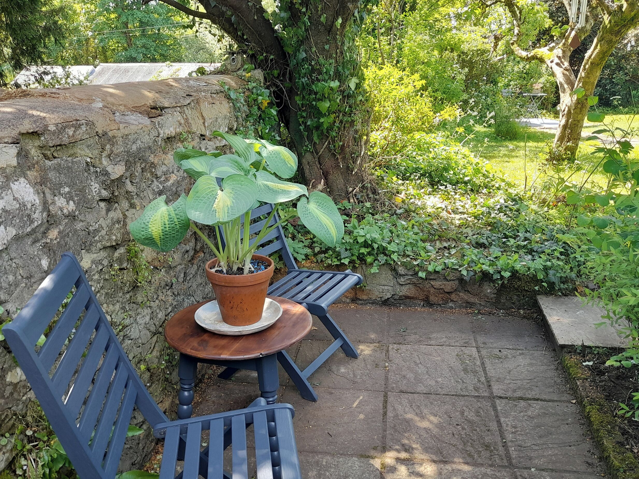 Un espace jardin aménagé avec une table et deux chaises, entouré de verdure et délimité par un mur de pierres.