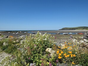 A coastal landscape with boats, rocky terrain, and wildflowers. - West End Cottage (Newport)