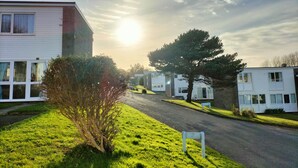A residential street with houses, a clear sky, and the sun setting.