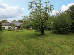 A grassy yard with a tree, a wooden bench, and a house with a sloped roof. - Brynawelon (Newport)