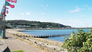 A coastal walkway with flags, a clear sky, and a distant hill. - Cwmbrandy Cottage (Fishguard)