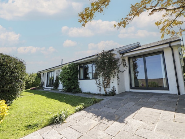 A modern house with a paved front yard, large windows, and a well-maintained lawn.