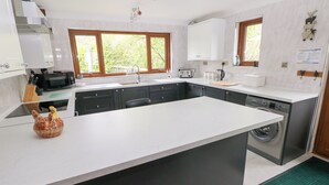 Une cuisine moderne dotée d’un grand îlot central, d’appareils électroménagers intégrés et offrant une vue sur la verdure environnante.