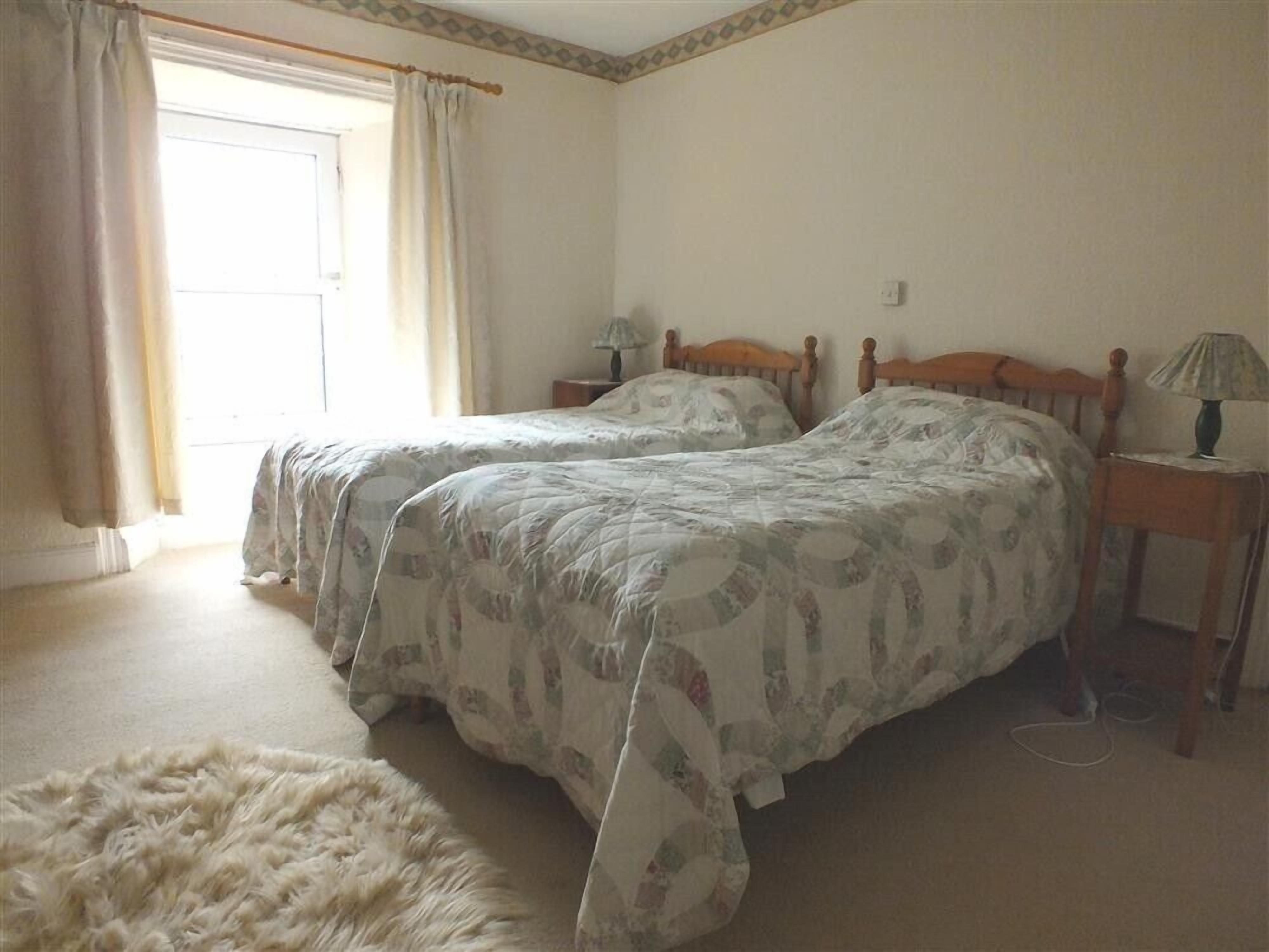 A bedroom with two single beds, a wooden headboard, a nightstand with a lamp, a fluffy rug, and a window with curtains.