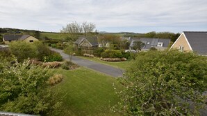 Un quartier résidentiel avec des maisons, une route asphaltée et des pelouses verdoyantes.
