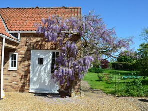 Ein Haus aus Backsteinen mit einem roten Ziegeldach, einer weißen Tür und lila blühenden Weinreben.
