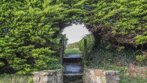 A stone archway leading to a narrow path surrounded by lush greenery. - The Wagon Linney (Bude)