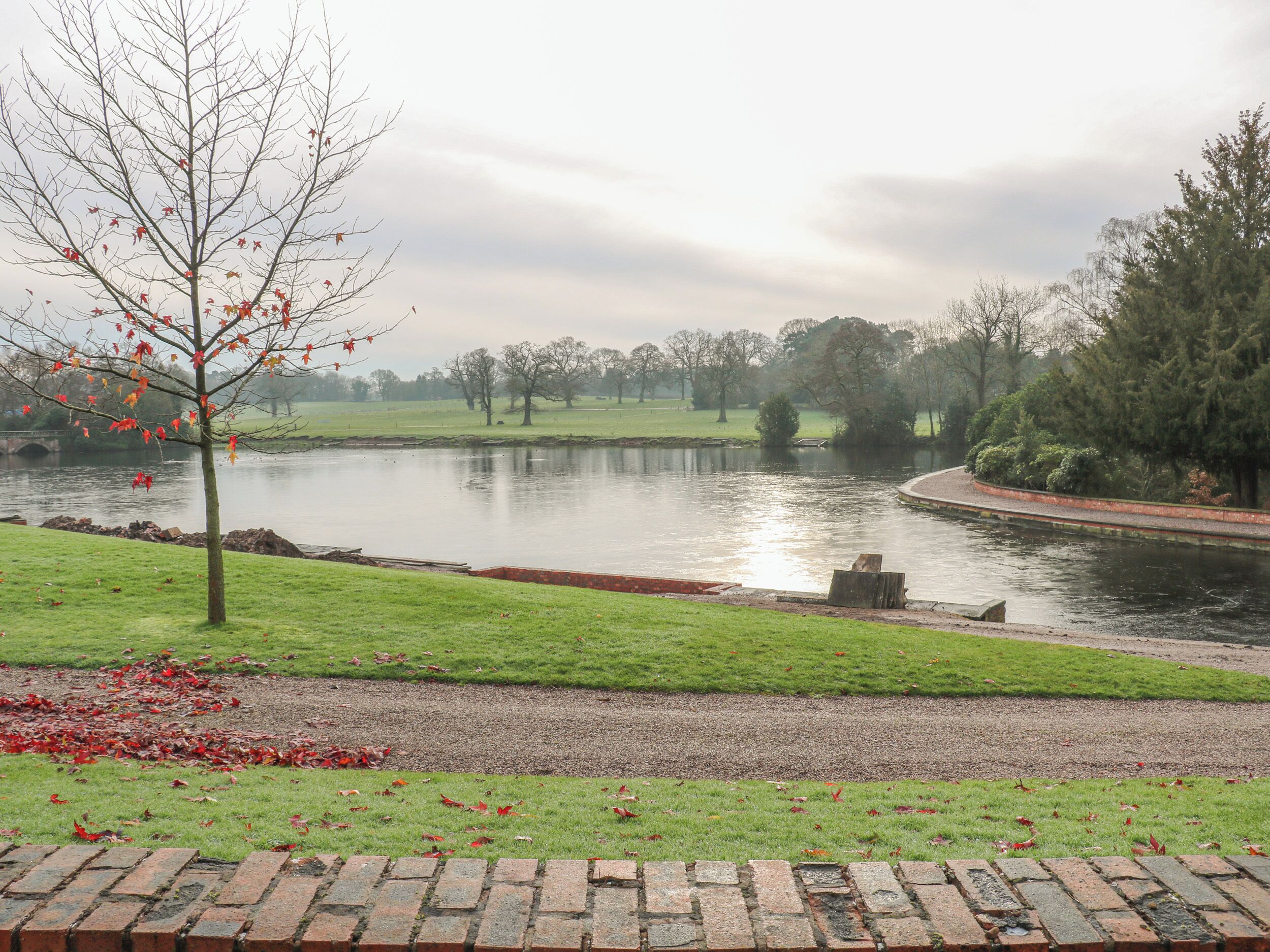 A serene park with a pond, a brick pathway, and a tree with autumn leaves.