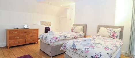 A bedroom with two beds, a dresser, and a purple rug.