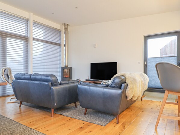 A modern living room with a fireplace, leather sofas, a flat-screen TV, and a large window.