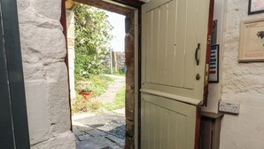 A doorway leading to a garden with a metal gate, a wooden door with a handle, and a wall-mounted electrical outlet.