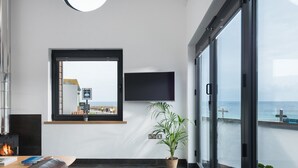 A modern living room with a large window, a flat-screen TV, a potted plant, and a fireplace.