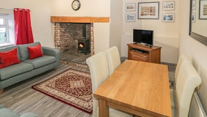 Een gezellige woonkamer met een open haard, een bank, een eettafel en een televisie.