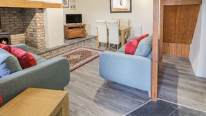 Een gezellige woonkamer met een open haard, een televisie en comfortabele zitplaatsen.