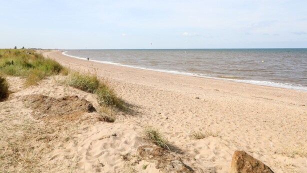 En sandstrand med milda vågor och en klar himmel.
