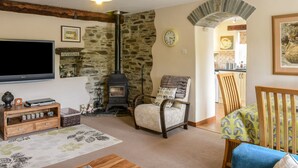 A cozy living room with a stone wall, a fireplace, a television, and a comfortable chair. - Mimi's Cottage (Liskeard)