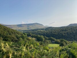A valley with a house surrounded by lush greenery and hills in the background.
