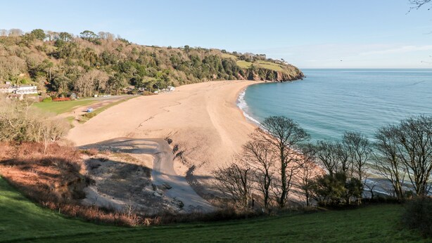 Un paysage côtier comprenant une plage de sable, une zone herbeuse et une colline boisée.