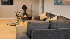 A living room with a grey sofa, a glass coffee table, a TV, a fireplace, and a painting on the wall. - Alders View Coach House (Craven Arms)