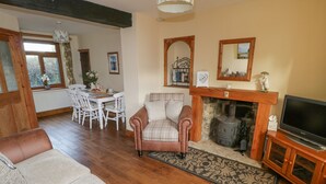 Un salon chaleureux avec une cheminée, un canapé, un téléviseur et un coin repas comprenant une table et des chaises.