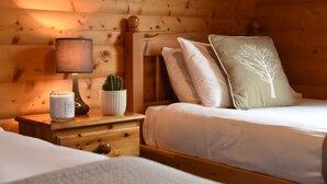 Une chambre aménagée dans le style d’un chalet en bois, avec un lit, une table de chevet, une lampe et un cactus posé sur la table de chevet.