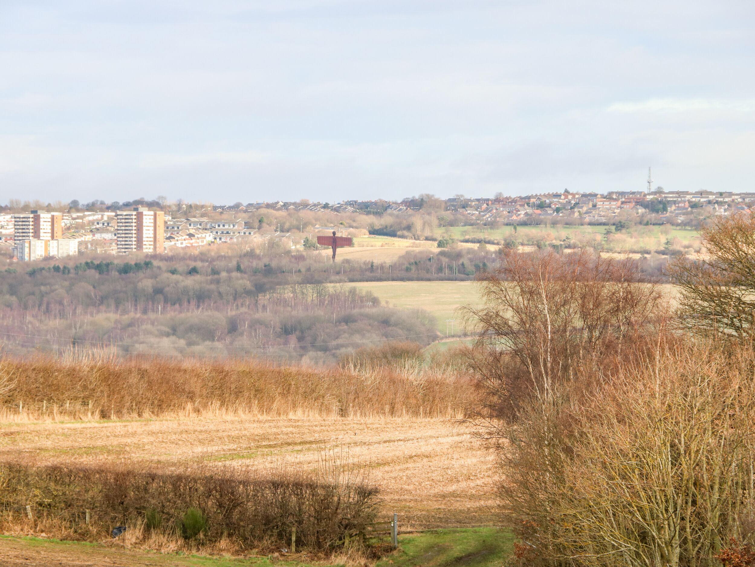 A rural landscape with a distant town, open fields, and a few buildings.