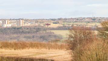 A rural landscape with a distant town, open fields, and a few buildings.
