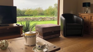 A room with a TV, a wooden table, a chair, a cabinet, and a view of a garden through a large window. - Llofft Yr Yd (Caernarfon)