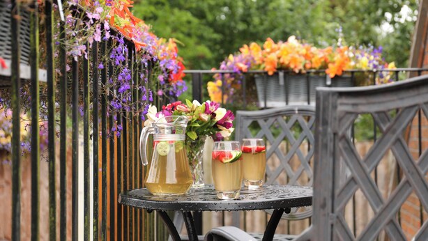 A table with a pitcher and two glasses of a beverage, surrounded by a fence with hanging flowers.
