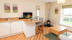 Una cocina acogedora con armarios de madera, una zona de comedor con sillas a rayas, un televisor y un estufa de leña.