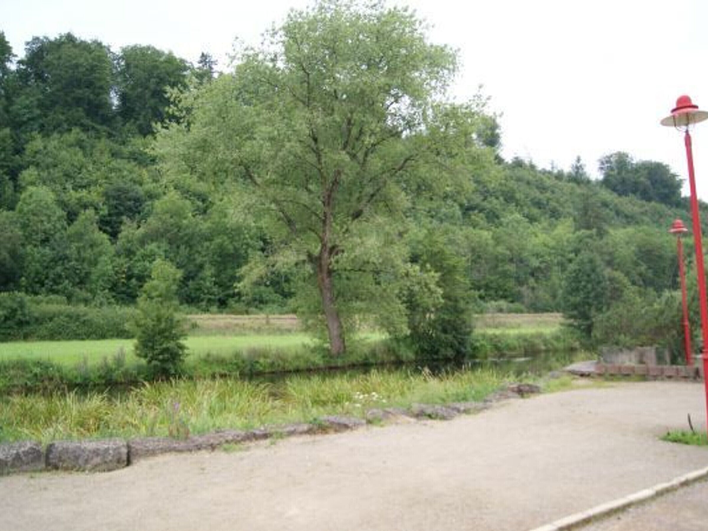 Ein gepflasterter Weg in einem Park mit einem roten Laternenpfahl und einem Baum.