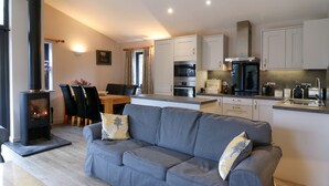 A modern living room with a grey sofa, a fireplace, a dining area with a table and chairs, and a kitchen with white cabinets and appliances. - Tarn Lodge (Windermere)