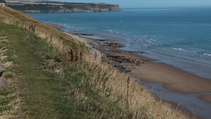 A coastal landscape with a grassy hillside, a sandy beach, and cliffs in the distance. - Apartment 4 (Whitby)