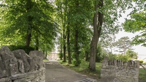 Un mur de pierre avec une porte en métal et des marches menant à une zone boisée.