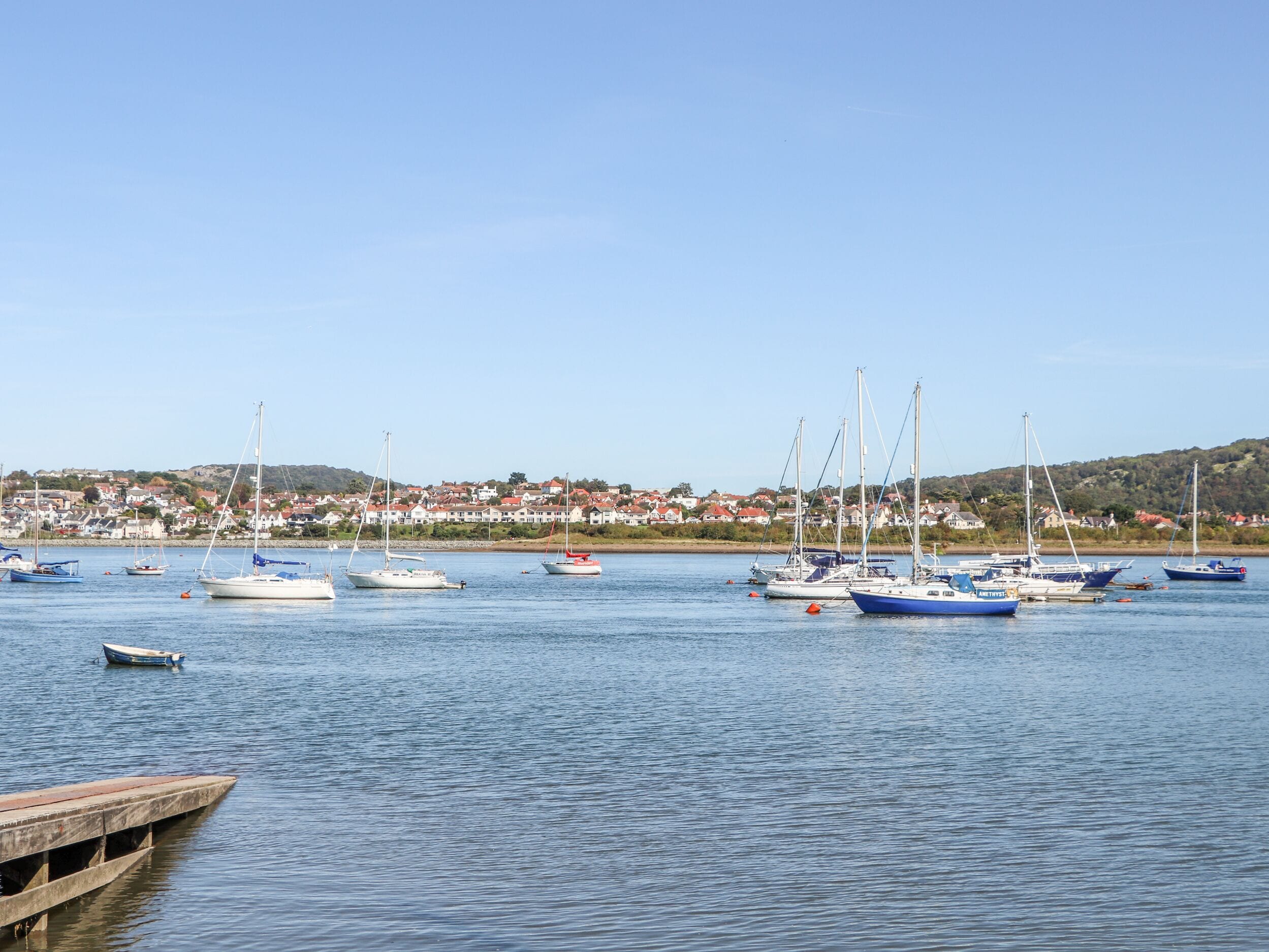 Un puerto deportivo con varios barcos amarrados, un muelle de madera en primer plano y un pueblo con casas al fondo.