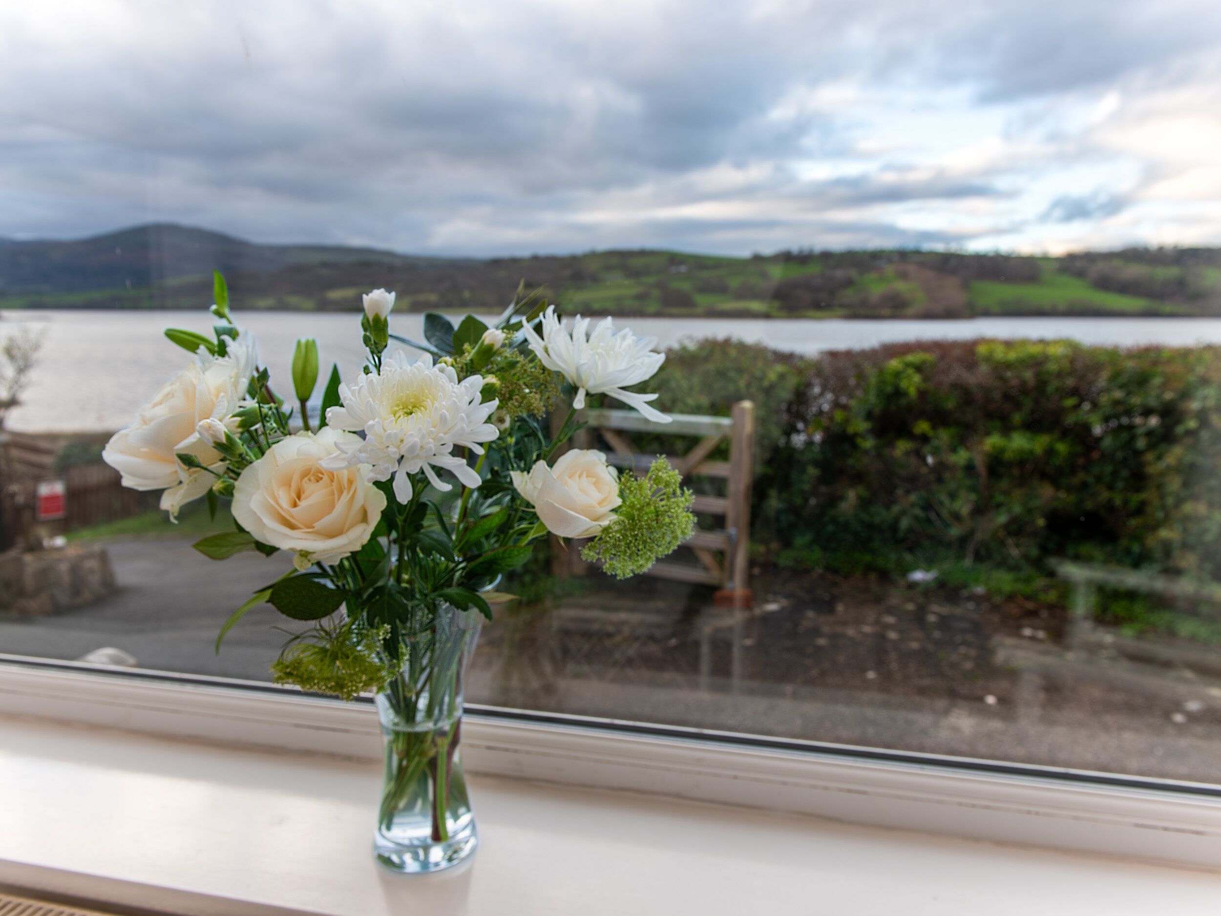 A vase with flowers on a windowsill, overlooking a scenic landscape with hills and a body of water.