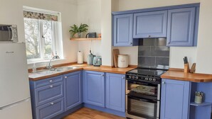 A kitchen with blue cabinets, a built-in oven, a stove, and a window with a view of trees. - Valley View (St Austell)