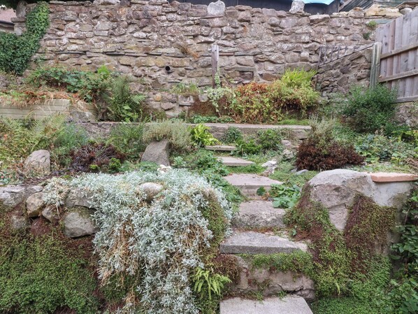 Un muro de piedra con un jardín que incluye escalones y diversas plantas.