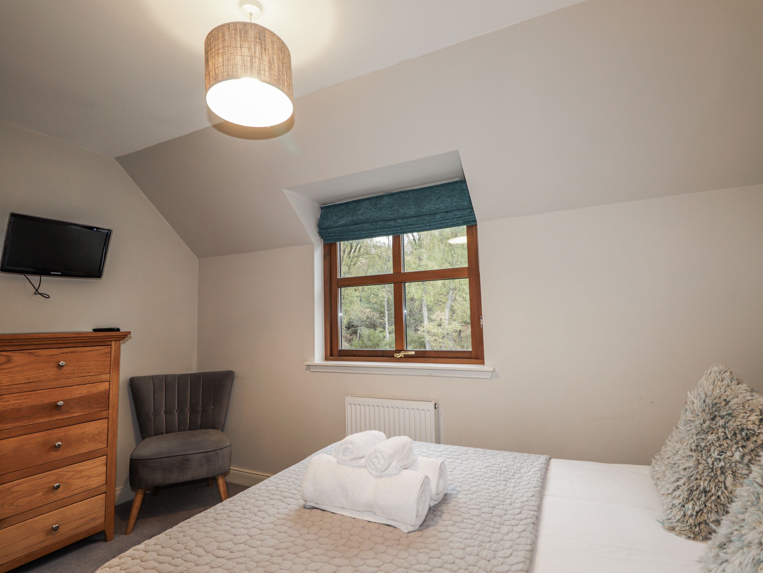 Un dormitorio con cama, cómoda, silla, televisor, ventana con vista a árboles y una lámpara de techo.