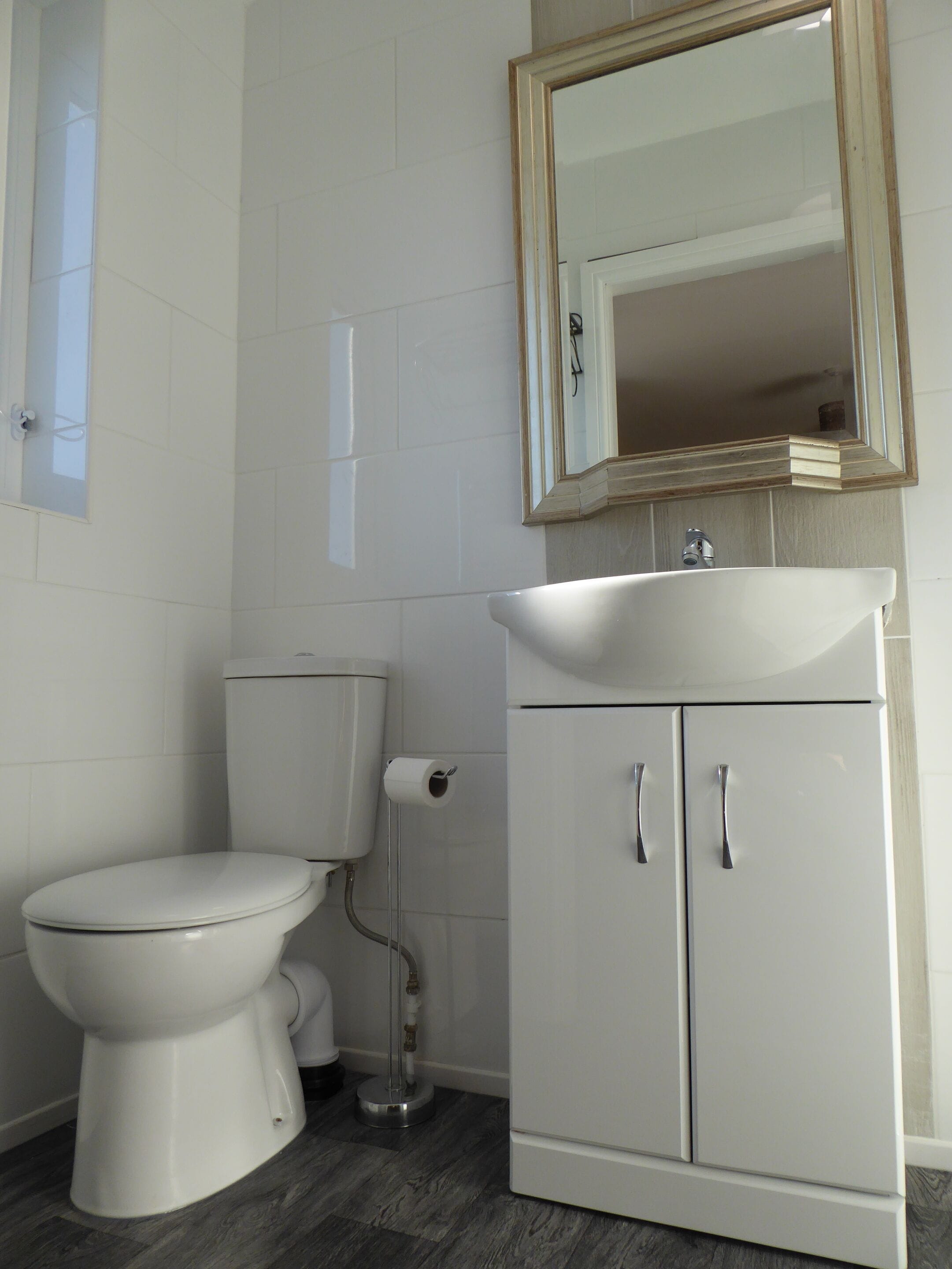 A bathroom with a toilet, a sink, and a mirror.
