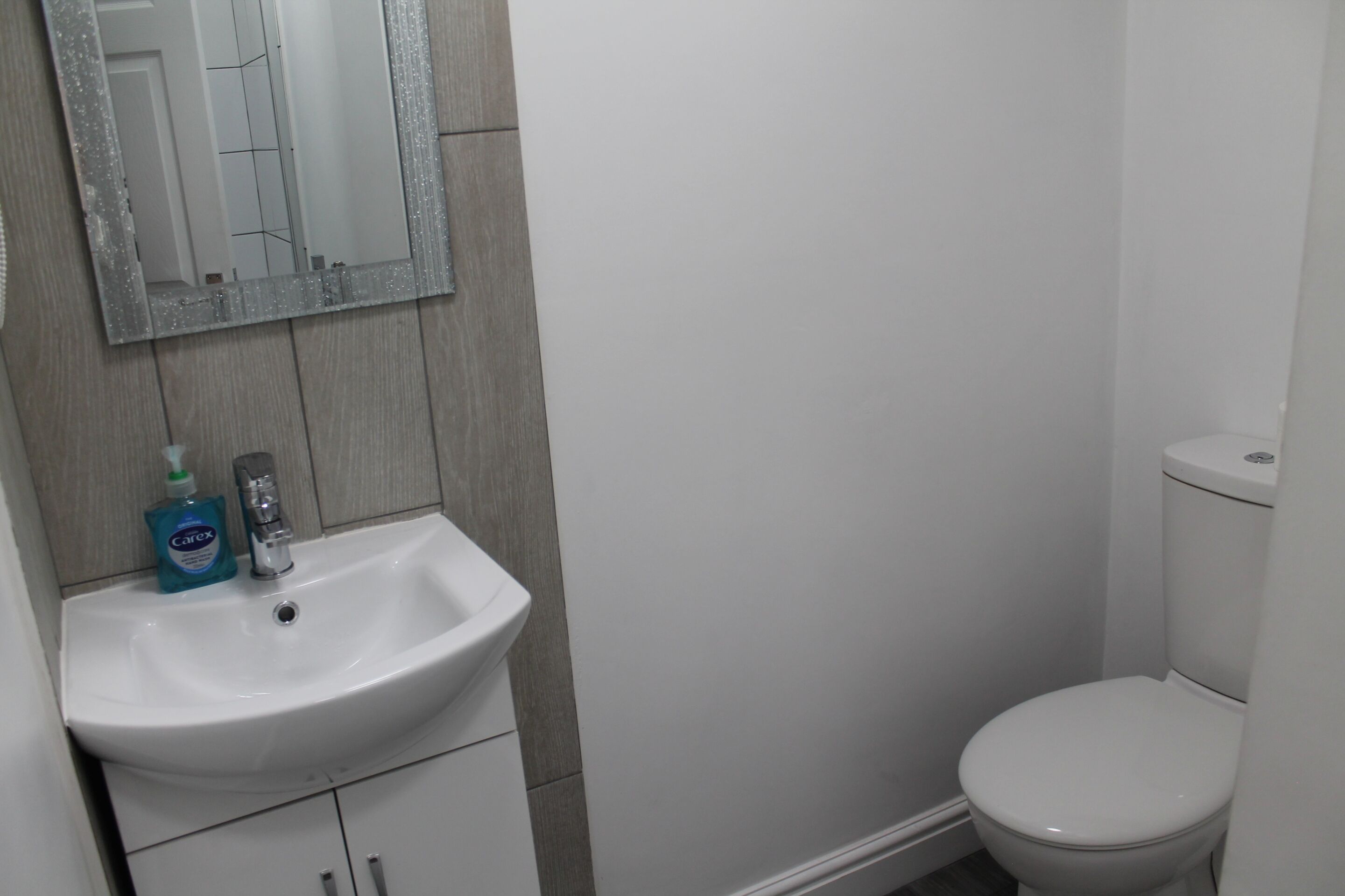 A bathroom with a white sink, a mirror, and a toilet.
