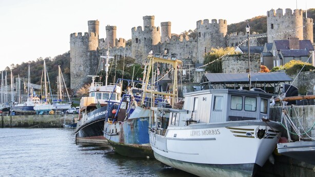 A harbor with boats docked in front of a historic castle.